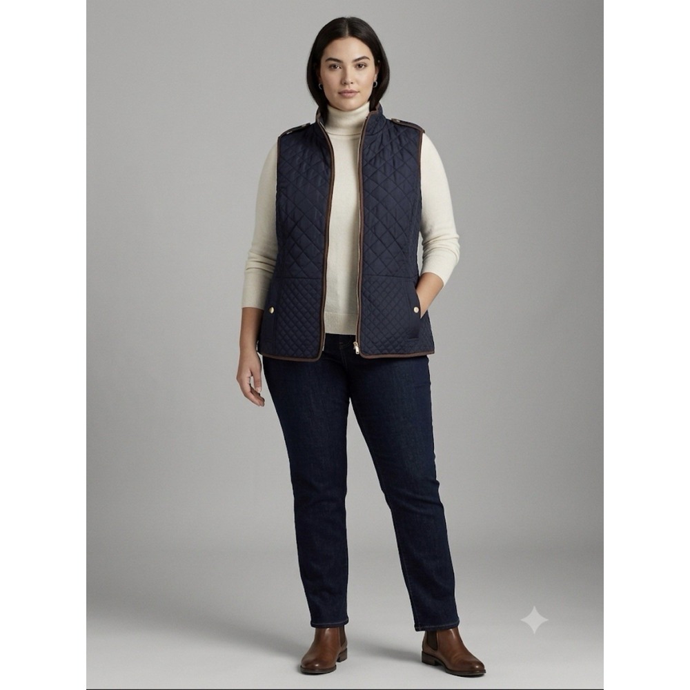 Talbots Navy‎ Quilted Puffer Vest Faux Leather Trim Womens Size 1X NWT